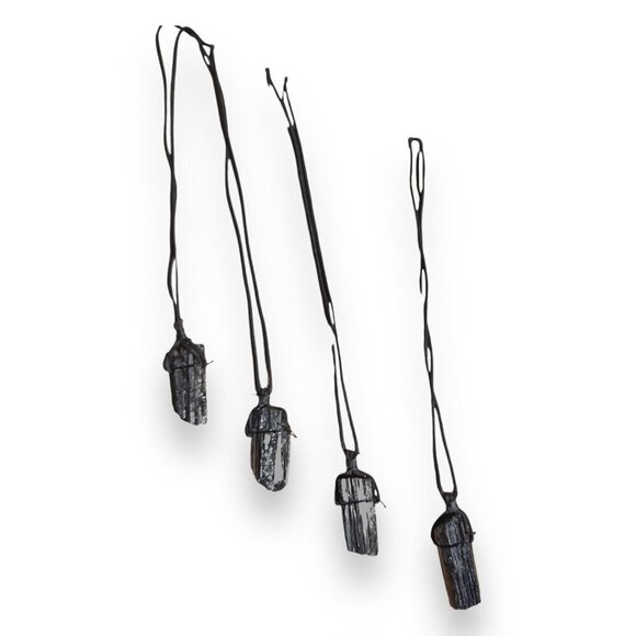 Black Tourmaline Natural Chunk Pendant Necklace w Velvet Cord 2.25" Size Crystal - Picture 4 of 11